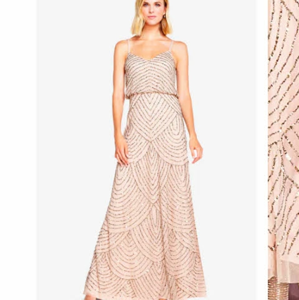 Adrianna Papell Art Deco Hand Beaded Blouson Gown in Taupe Pink